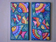 two colorful fish painted on blue tile with bubbles and bubbles around the bottom of them