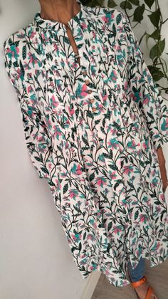 Cotton tunic White Straight Kurta Tunic For Summer, White Long Sleeve Tropical Dress, Summer Tunic Loungewear Dress, Bohemian White Tunic For Loungewear, Green Floral Print Tunic For Vacation, Summer Tunic Dress For Loungewear, Green Floral Print Vacation Tunic, Summer Tunic Lounge Dresses, Multicolor Long Sleeve Tunic For Beach Cover-up