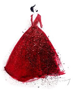 a drawing of a woman in a red dress with glitter on the skirt and back