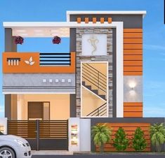 a car is parked in front of a modern style house with orange and white accents