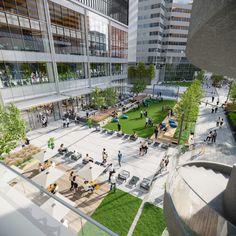 an artist's rendering of a city square with people walking and sitting