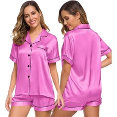 95% Polyester, 5% Spandex Made In The Usa Or Imported Button Closure Hand Wash Only Materials: Silk Satin Material,Material Soft And Breathable. Features: Standard Us Size And Fashion Design: Two-Piece Comfort Sleepwear Pajama Set Featuring Short Sleeve Button Down Dress Shirt Collar,Button-Front Shirt Hits At Hip,Pocket With Notch Collar, Which Is Classic.Drawstring Elastic Waist Pants,More Comfortable Occasion:Women's Short Sleeve Silk Satin Pajamas Set, Which Is Suitable For Daily Wearing And Short Sleeve Sleepwear With Buttons, Pink Sleepwear With Button Closure For Loungewear, Short Sleeve Loungewear Sets With Button Closure, Fitted Short Sleeve Sleep Sets, Loungewear Sets With Short Sleeves And Button Closure, Pink Summer Sleepwear With Button Closure, Solid Color Sets With Button Closure For Loungewear, Button Closure Sleepwear For Pajama Party, Pink Button-up Sleepwear For Pajama Party