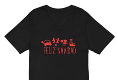 Feliz Navidad T-shirt, with santa hat, reindeer, snowman, and elf designs. Spanish Christmas T-shirt, black.  Espanol: Feliz Navidad camisa negra, diseños de gorro de Santo Clós, reno, muñeco de nieve y elfo.  This Feliz Navidad holiday shirt is great for Christmas parties, matching family holiday outfits, ugly sweater parties and more. Black, V-neck t-shirt, 100% cotton Espanol: Camisa Negra, camisa con cuello en v.  If there is a color or design option that you are interested in, but do not see listed, please feel free to message me so we can create the perfect custom product for you! :) Family Holiday Outfits, Spanish Christmas, Christmas Tshirt, Ugly Sweater Party, Holiday Shirt, Christmas Parties, Christmas T Shirt, Holiday Shirts, Family Holiday