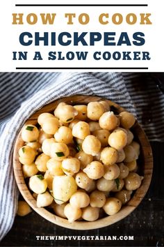 Learn how to cook chickpeas in a slow cooker! Slow cooker chickpeas are simple to make. This way of cooking chickpeas allows you to add the chickpeas in the slow cooker or crockpot along with water or broth, cover, and walk away for a few hours. Set it and forget it! Great for weekly meal prep too! A stash of cooked chickpeas in the refrigerator or freezer means easy, last-minute vegetarian dinners are only a few minutes away.