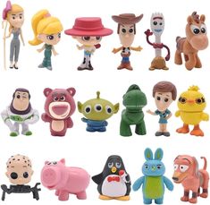 many different toy figures are shown on a white background