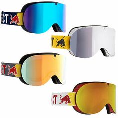 three pairs of ski goggles with red bull logo on the side and blue mirror lens