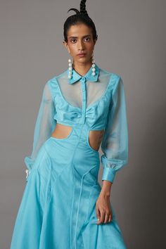 Powder blue mesh dress featuring a pleats in the front, side cutouts and a layered bottom half with tapework detailing. - Aza Fashions Blue Mesh Dress, Midi Dress For Women, Mesh Midi Dress, Necklines For Dresses, Womens Midi Dresses, Mesh Dress, Dress For Women, Powder Blue, Aza Fashion