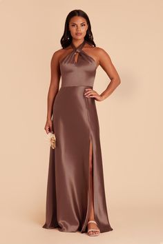 a woman in a long brown dress with the words $ 99 bridesmaid dresses