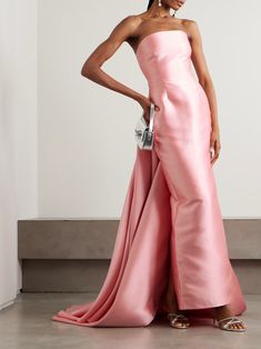 SOLACE LONDON Imani strapless pleated satin-twill gown | NET-A-PORTER Pink Skater Dress, Solace London, Designer Bridesmaid Dresses, Classy Prom Dresses, Rehearsal Dinner Dresses, London Outfit, Black Tie Dress, Strapless Neckline, Pink Gowns