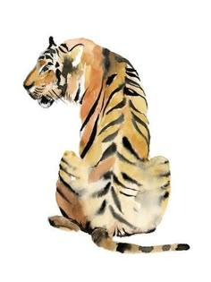 a watercolor painting of a tiger sitting down