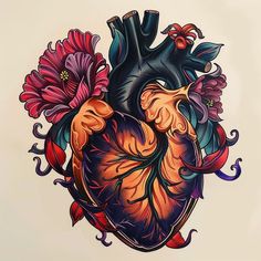 a drawing of a heart with flowers on it