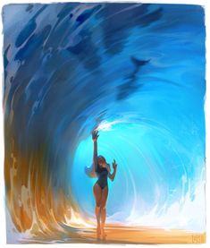 a painting of a woman standing in the middle of a wave with her arms up