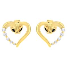 Admire your beloved with the touch of this fascinating Diamond Journey Earrings that will surely captivate her. Stunning pair of heart shaped earrings showcases 10 dazzling round cut diamonds representing your growing love. Diamonds are beautifully prong set in luminous 14 karat yellow gold. Total diamond weighs 1/8 ctw. "Video Available Upon request." Product Features: Diamond Type: Natural White Diamonds Diamond Count: 10 Round-Cut Diamonds Diamond Color: K-L Diamond Clarity: I1-I2 Diamond Wei Bracelet Love, Heart Hoop Earrings, Heart Shaped Earrings, Heart Shaped Diamond, Diamond Hoop Earrings, Yellow Gold Earring, Best Diamond, Modern Earrings, Love Ring