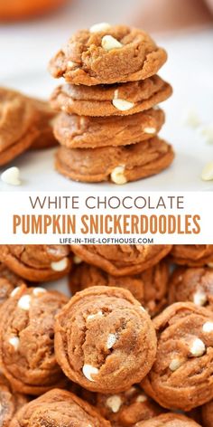 white chocolate pumpkin snickkerdoodles are stacked on top of each other