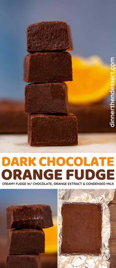 chocolate fudges stacked on top of each other with orange slices in the background