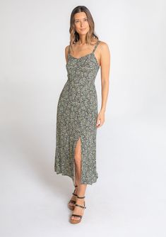 A pretty and flattering black & green ditsy floral mid-length tank dress with side slit. Designed in LA. Click to shop for more women's boho dresses! Boho Sweaters, Affordable Boho, Sassy Dress, Womens Boho Dresses, Ditsy Floral Dress, Midi Tank Dress, Boho Midi Dress, Ditsy Floral Print, Jumpsuits And Romper