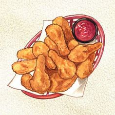 a drawing of chicken nuggets and ketchup on a plate with a napkin