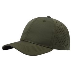 an olive green hat with perfored details on the front and side panels,