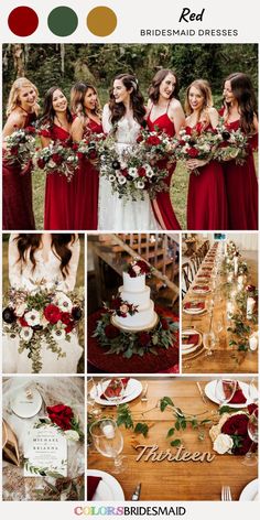 the bridesmaid dresses are red and white, with greenery on each side