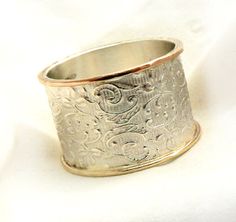 Wide silver wedding ring flower and leaf pattern by ilanamir Wedding Ring Flower, Wide Wedding Rings, Leaves Ring, Wide Silver Ring, Silver Wedding Ring, Lace Ring, Ring Flower, Silver Bullet, Types Of Gold