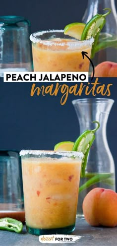 peach jalapeno margaritas with lime garnish and sugar on the rim