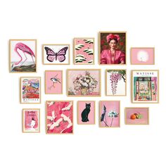 a bunch of pictures that are on a white wall with pink and yellow frames in front of them