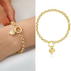 "This 14k Gold Belcher Chain Bracelet with Heart Charm offers unlimited possibilities. This bracelet features five different link width options in addition to its attractive design, enabling you to create a personalized look that reflects to your unique style. Each link width selection gives your wrist adornment a unique personality. This bracelet seamlessly accommodates your unique aesthetic preferences, whether you want a delicate and understated appearance or a bolder, statement-making presen Yellow Gold Heart Bracelet Gift, Rolo Chain Bracelet Gift, Gold Rolo Chain Bracelet As Gift, Gold Bracelet With Heart Pendant And Adjustable Chain, Rolo Chain Bracelet As A Gift, Gold Heart Pendant Charm Bracelet, Gift Heart Bracelet In Yellow Gold With Lobster Clasp, Gold Round Charm Bracelet For Valentine's Day, Gold Chain Bracelet With Charms For Valentine's Day