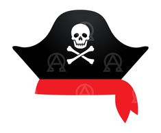 a pirate hat with a skull and crossbones on the front, red ribbon around it