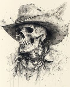 a drawing of a skeleton wearing a hat with feathers on it's head and eyes