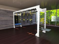 an exercise room with equipment in it and trees outside the window on the wall behind them