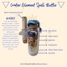 A beautiful spell bottle to add to your elemental magic. Call in the element of water and infuse the energy of this element into your intention setting. Water Spells Magic, Money Oil Recipe, Water Magick, Water Spells, Mermaid Tarot, Element Of Water, Witches Jar, Kartu Tarot