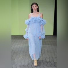 Never Worn, Rare Runway Piece From The Stine Goya Spring 2019 Collection. Off The Shoulder Ribbon-Tie Straps That Are Adjustable, Long Sleeves, And Sparkly Details. Spring One-shoulder Gown With Ruffles, Off-shoulder Evening Gown For Spring, Spring Sheer Evening Gown, Blue Summer Gown With Ruffles, Blue Ruffled Gown For Summer, Blue Gown With Ruffles For Summer, Spring Blue Gown With Ruffles, Blue One-shoulder Spring Gown, Blue One-shoulder Gown For Spring