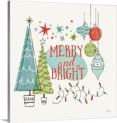 a merry and bright christmas card with ornaments