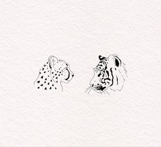 two black and white drawings of tigers facing each other with their heads turned to the opposite direction