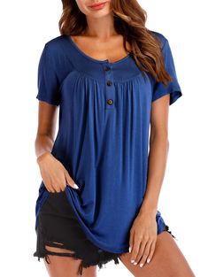 Half Button Short Sleeve Tee - Cobalt Blue - 5H28943521 - Women's Clothing, Women's Tops & T-Shirts, Women's T-Shirts  #WomensTShirts #Women's #Clothing # #Women's #Tops #& #TShirts # #Women's #TShirts Raglan Sleeve Pattern, Peach Shirt, Spandex Shirts, Womens Clothing Online, Rayon Shirt, Cheap Womens Clothing, Women's T Shirts, Fashion Seasons, Summer Tops