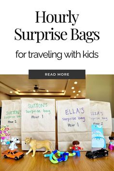 Hourly surprise bag ideas for long road trips or airplane rides. Photo includes brown paper bags labeled with child's name and small toy and activities to put inside. How To Surprise Kids With A Trip, Long Road Trip Ideas For Kids, Long Car Rides With Kids, Toddler Road Trip, Travel Potty, Road Trip Ideas, Road Trip Activities, Color Wonder, Road Trip Snacks