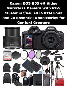 Canon EOS R50 4K Video Mirrorless Camera with RF-S 18-45mm f/4.5-6.3 is STM Lens and 20 Essential Accessories for Content Creators (Renewed), Black #canoneosr50 #canonrf #eosrseries #r50creator #canoncontentcreator #digicxprocessor #24mpmagic #4kvideocreation #rfmountlens #stmstabilization #canonvlogging #eosvloggers #r50vloggingcamera #contentcreationcamera #youtubegear #createcontent #contentcreatorsofig #videoproduction #photostory #visualstorytelling #youtuberlife #Vloglife Essential Accessories, Video Cameras, Video Accessories, Canon Camera, 4k Video, Mirrorless Camera, Content Creators, Canon Eos, Camera Accessories