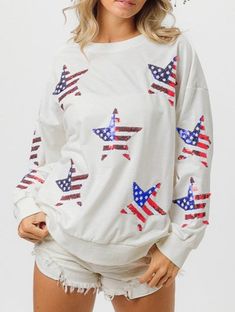 Unleash your patriotic side with the Rosa Clothing Independence Day Sequined Sweatshirt. Made for ladies, this long-sleeved sweatshirt is adorned with sequins to add a touch of glamour to your holiday celebrations. Stay cozy and stylish while showing off your love for your country. Size Chart(Inch) Chest Sleeve Length S 44.88 16.93 25.98 M 46.46 17.32 26.38 L 48.03 17.72 26.77 XL 49.61 18.11 27.17 American Flag Print Long Sleeve Top For Spring, Long Sleeve Tops With Flag Print For Spring, Patriotic Flag Print Tops For Fall, Spring Flag Print Long Sleeve Tops, Long Sleeve Top With American Flag Print For Spring, Casual Long Sleeve Sequin Tops, American Flag Print Long Sleeve Top For Fall, Long Sleeve Tops With American Flag Print For Fall, Spring Long Sleeve Tops With Flag Print