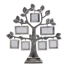 a metal tree with four frames hanging from it's sides and leaves on the branches