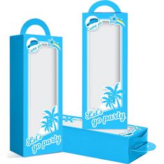 two blue cardboard boxes with palm trees on the side and one open to reveal an empty box