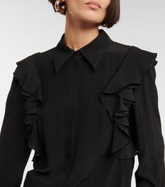 Ruffle Trimmed Silk Shirt in Black - Chloe | Mytheresa Designer Ruffled Blouse For Work, Black Ruffled Shirt For Formal Occasions, Luxury Ruffles Blouse For Work, Chic Silk Shirt For Evening, Chic Viscose Shirt For Office, Chic Viscose Office Shirt, Chic Viscose Shirt For Office Wear, Formal Shirt With Ruffles, Formal Blouse With Ruffles And Collar