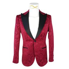 Burgundy Designer Fiore Fabric Woven In France Black Satin Peak Lapels Single Button Closure Soft, natural shoulder construction Chest Barchetta Pocket Dual Vents Black Satin covered buttons Functional Buttons Handmade in any size! Includes a Sebastian Cruz Couture Pocket Square of your choice! All of our jackets are made with 4" extra of fabric to ensure you don't have to send it back to us if it's too small or too big. You can tailor your jacket 2 sizes bigger and/or smaller if needed. We guar Formal Long Sleeve Blazer With Covered Buttons, Formal Blazer With Covered Buttons And Lapel Collar, Formal Blazer With Lapel Collar And Covered Buttons, Fitted Formal Outerwear With Covered Buttons, Fitted Evening Suits With Buttons, Fitted Single Breasted Blazer With Shawl Collar, Evening Fitted Suits With Buttons, Luxury Long Sleeve Tuxedo With Buttons, Luxury Fitted Tuxedo For Fall