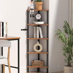 a book shelf with books, plants and other items on it in a living room