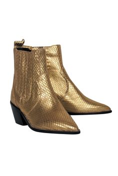 Current Boutique-Carvela - Gold Snakeskin Heeled Booties Sz 6 Gold Ankle Boots For Fall, Gold Pointed Toe Boots For Fall, Metallic Ankle Boots For Fall, Gold Pointed Toe Boots For Winter, Glamorous Gold Leather Boots, Chic Gold Winter Boots, Trendy Gold Boots For Fall, Trendy Gold Leather Boots, Gold Ankle Boots For Winter