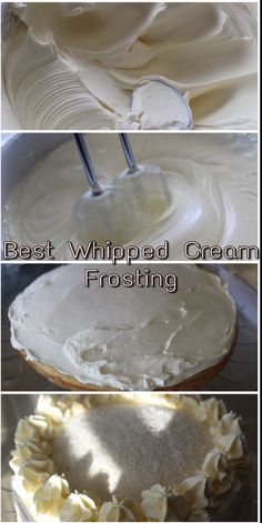 three different pictures showing how to frost a cake with white icing and whipped cream