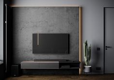 an empty living room with concrete walls and a tv on the wall, as well as a cactus