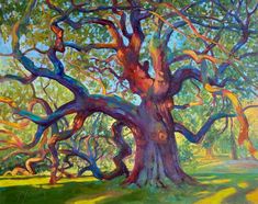 an oil painting of a large tree in the park