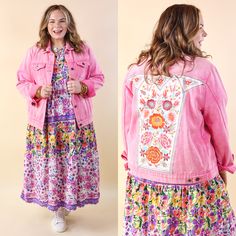 Prime Time Floral Embroidered Denim Jacket With Pockets in Pink - Giddy Up Glamour Boutique Colorful Embroidery, Embroidered Denim Jacket, Giddy Up Glamour, Jacket With Pockets, Prime Time, Judy Blue Jeans, Embroidered Denim, Extra Storage, Black Booties