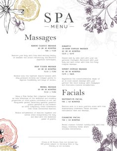 the spa menu is shown with flowers and leaves in purple, yellow and pink colors