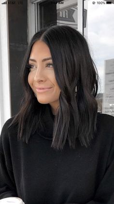 Black Hair On Brunettes, Dark Straight Medium Length Hair, Dark Midlength Hairstyles, Medium Length Hair Styles Dark Hair, Tia Booth Hair Short, Cool Brown Black Hair, Black Shoulder Length Hair Straight, Dark Brown Almost Black Medium Length Hair, Black Hair Inspiration Short